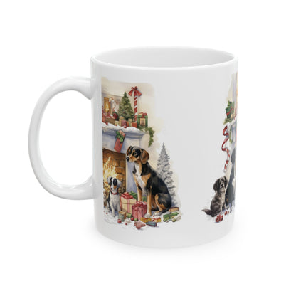 Christmas Dogs Ceramic Mug – Holiday Fireplace Puppy Scene 11oz  Item #987425