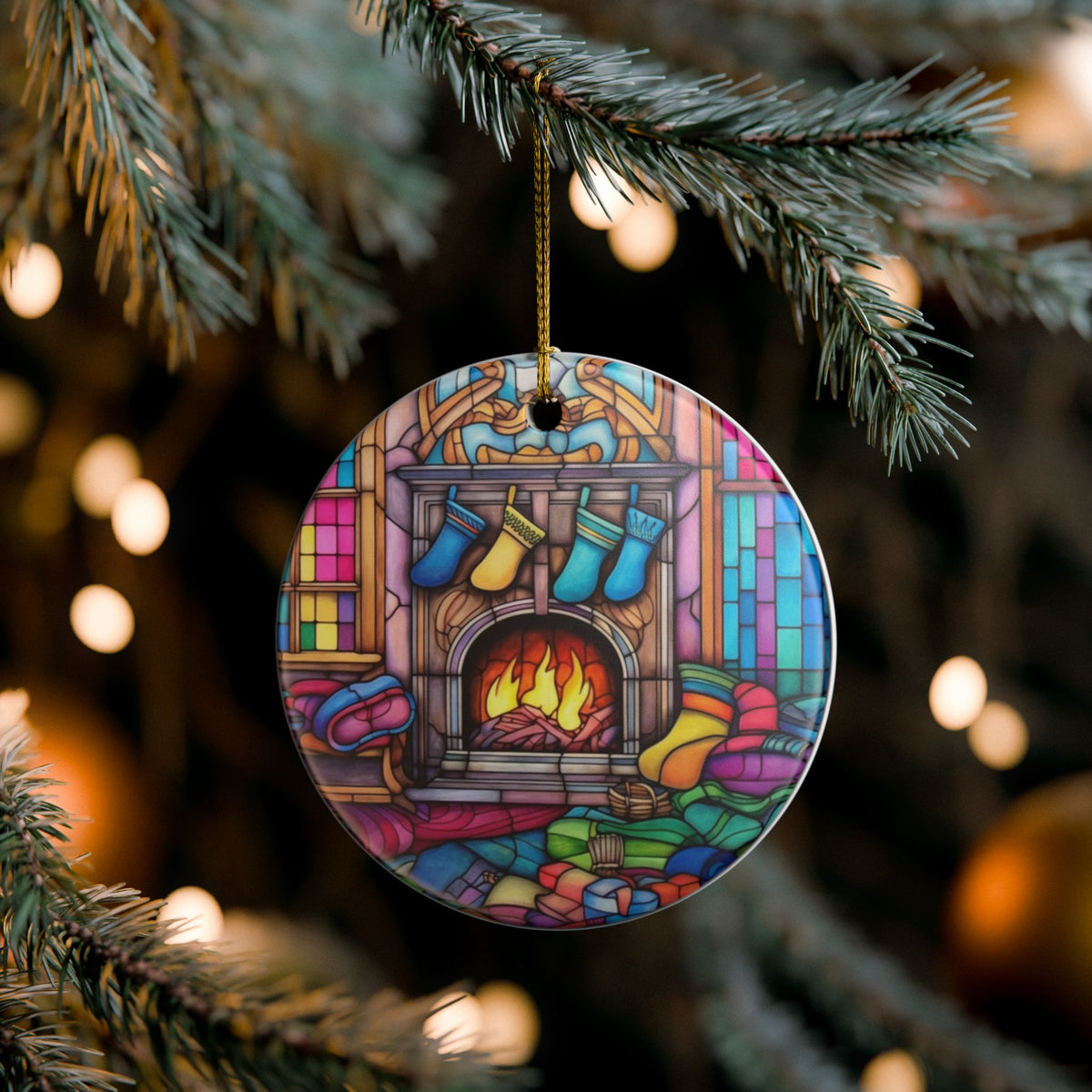 Cozy Christmas Fireplace Stained Glass Ceramic Ornament     Item #534856