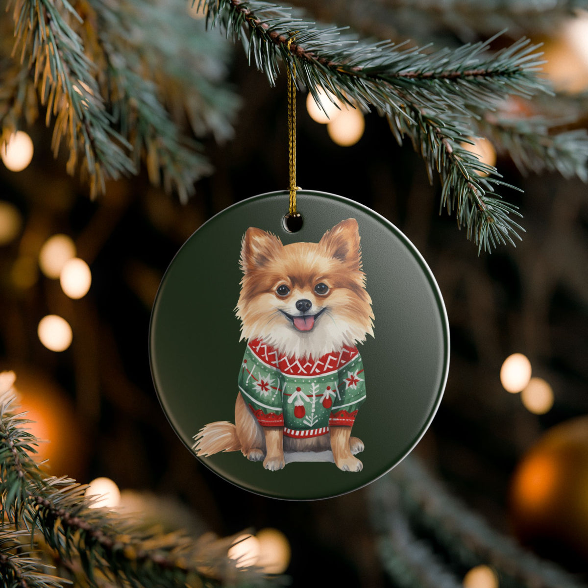 Christmas Dog Ornament – Cute Pomeranian in Festive Sweater   Item #436184