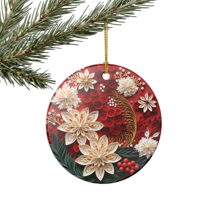 Floral Ceramic Ornament – Red Botanical Holiday Tree Decoration   Item #624588