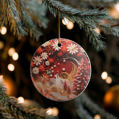 Red Floral Crescent Moon Ceramic Christmas Ornament   Item #11887
