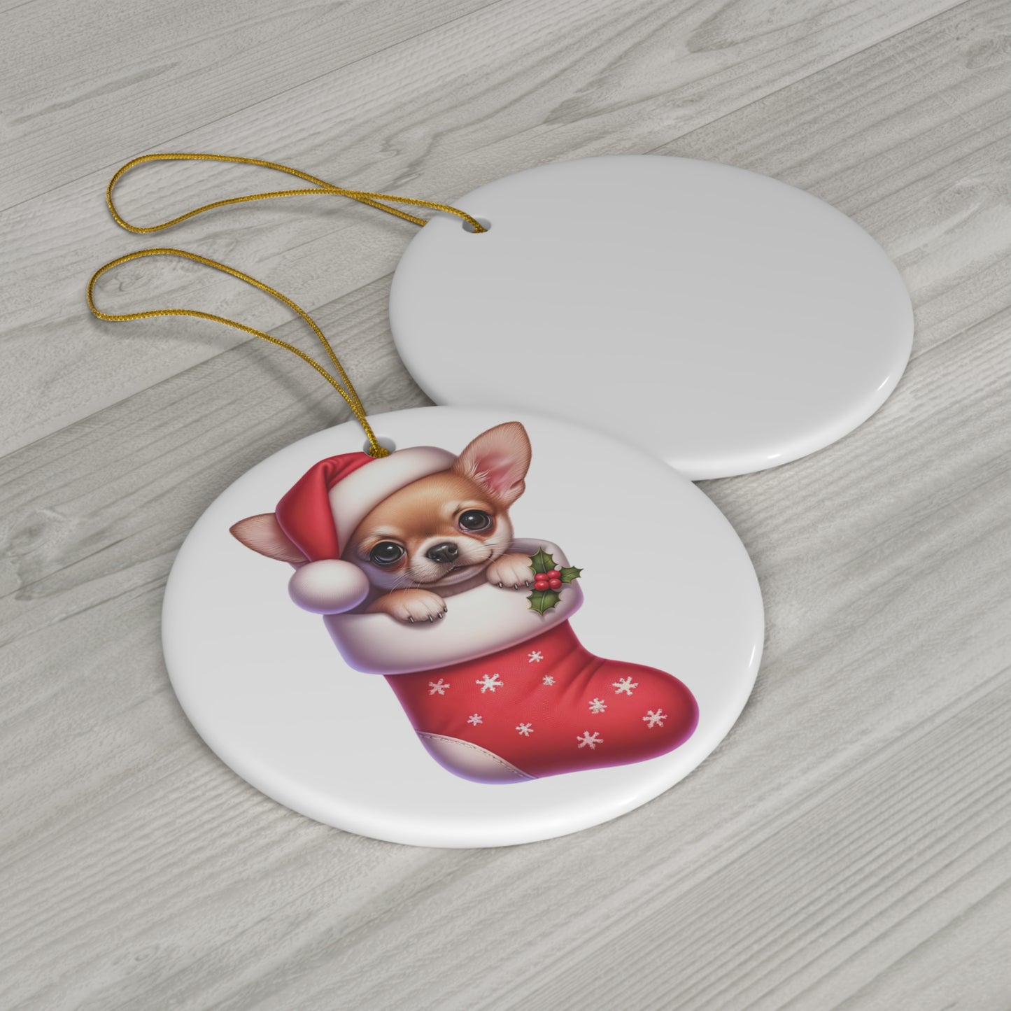 Chihuahua Christmas Stocking Ceramic Disc Ornament       Item #9048198