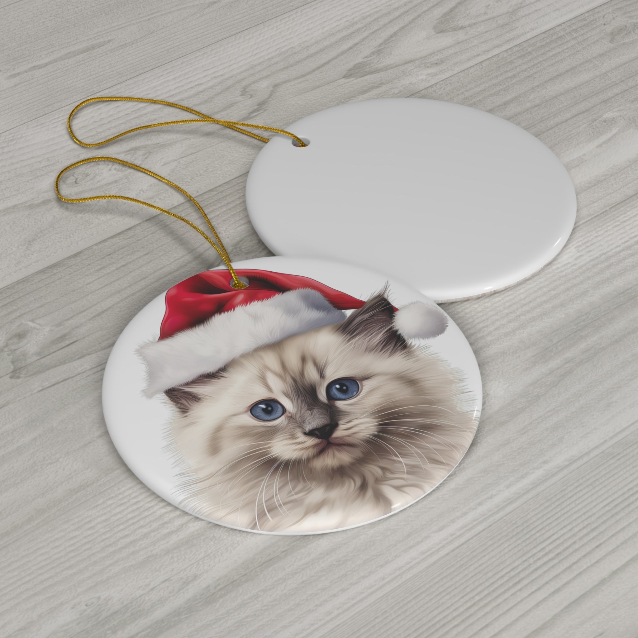 Ceramic Ornament - Ragdoll Kitten With Santa Hat      Item #285666