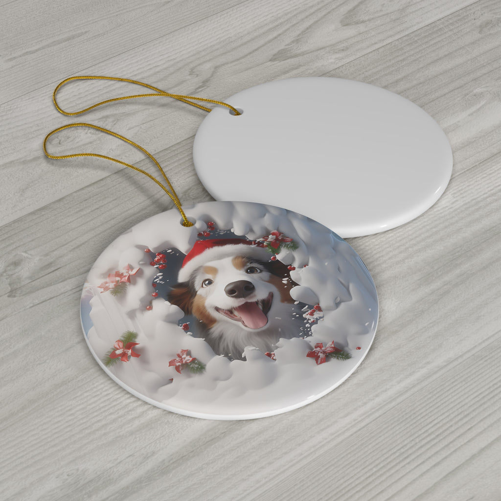 3D Dog With Santa Hat Breaking Out Ceramic Disc Ornament              Item #6608718