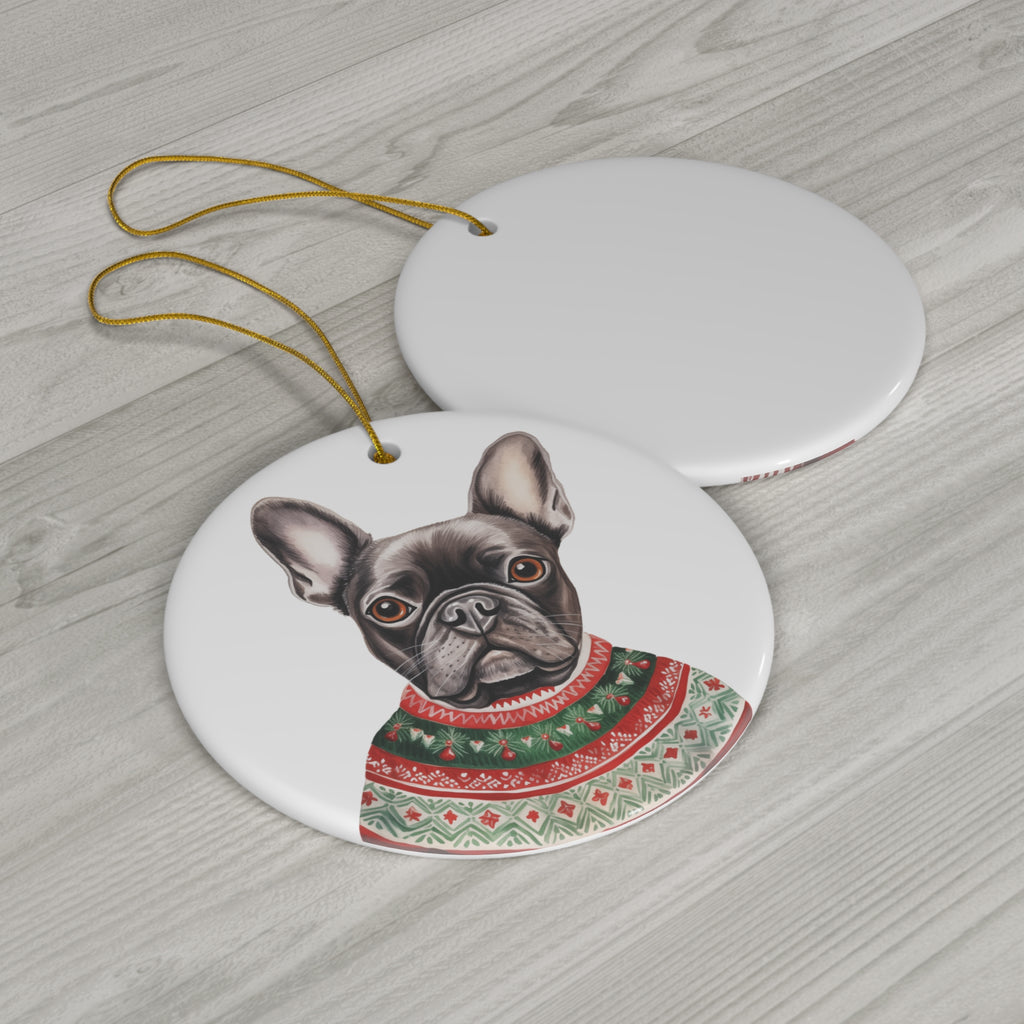 Dog With Christmas Sweater Ceramic Disc Ornament           Item #9069385