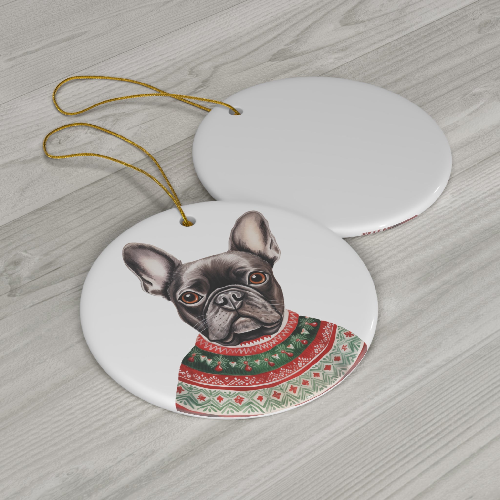 Dog With Christmas Sweater Ceramic Disc Ornament           Item #9069385