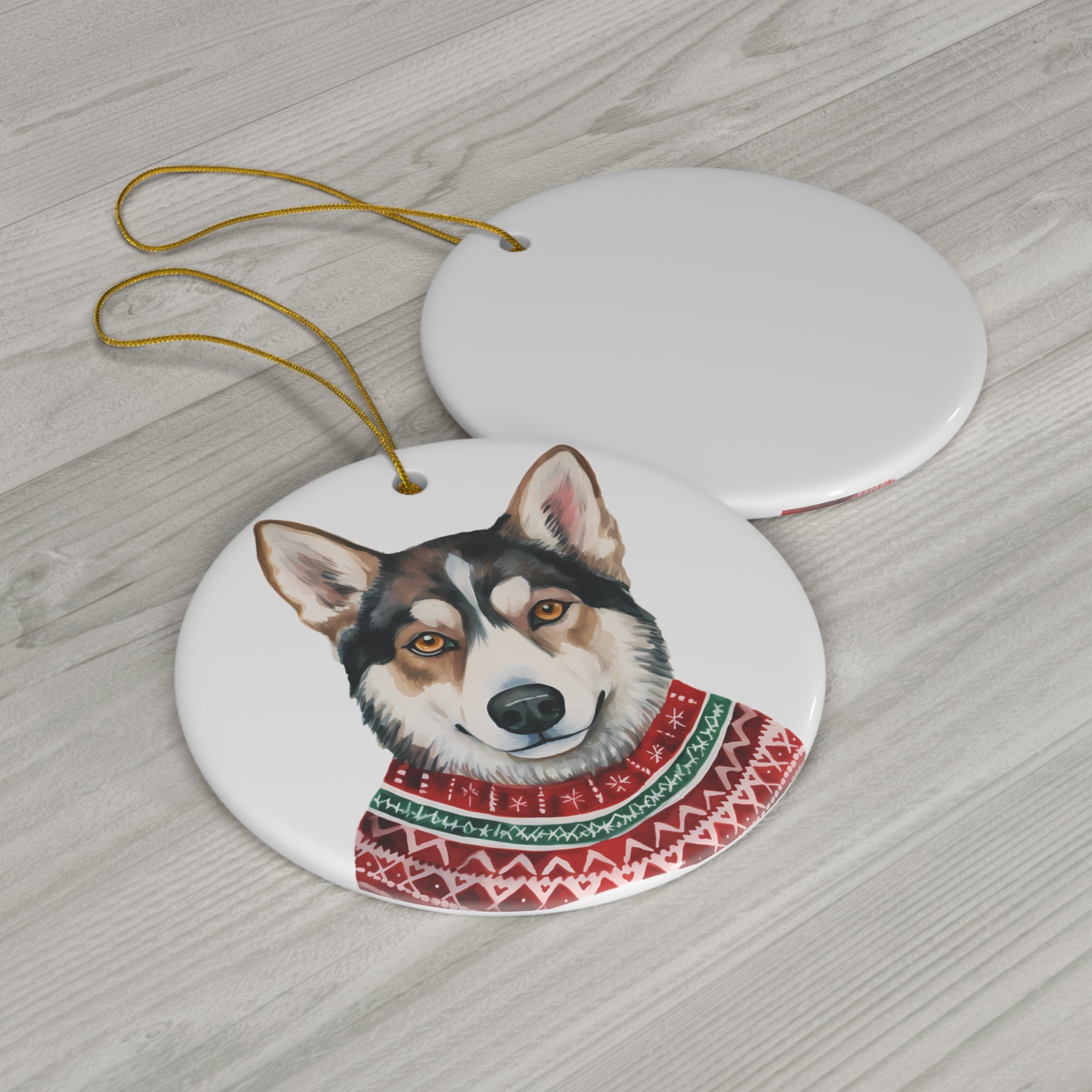 Dog With Christmas Sweater Ceramic Disc Ornament                Item #9447457
