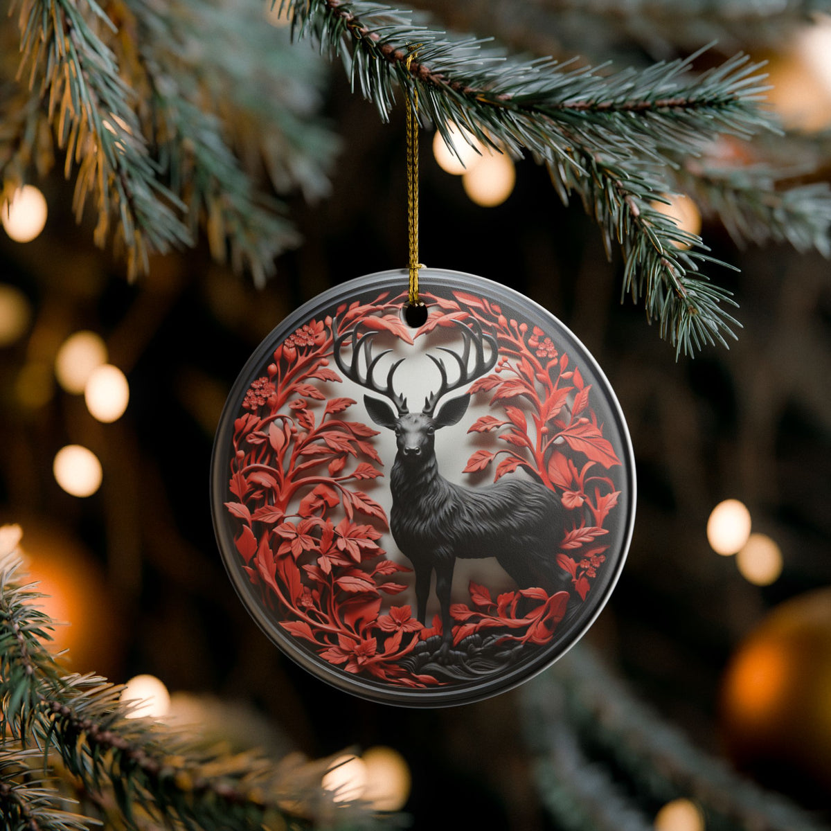 Majestic Deer Forest Ceramic Christmas Ornament   Item #924131