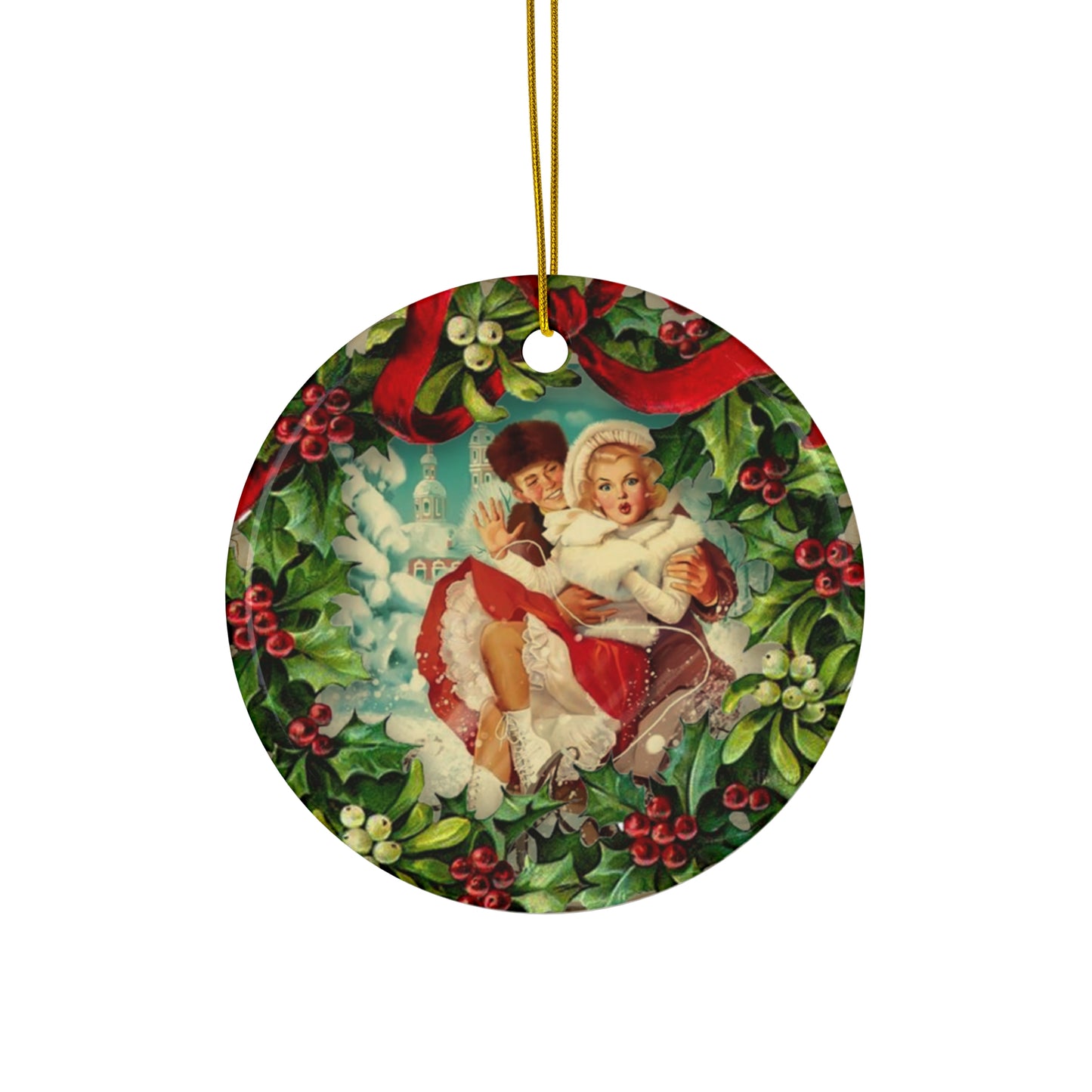 Christmas Scene People Ceramic Disc Ornament        Item #2034435