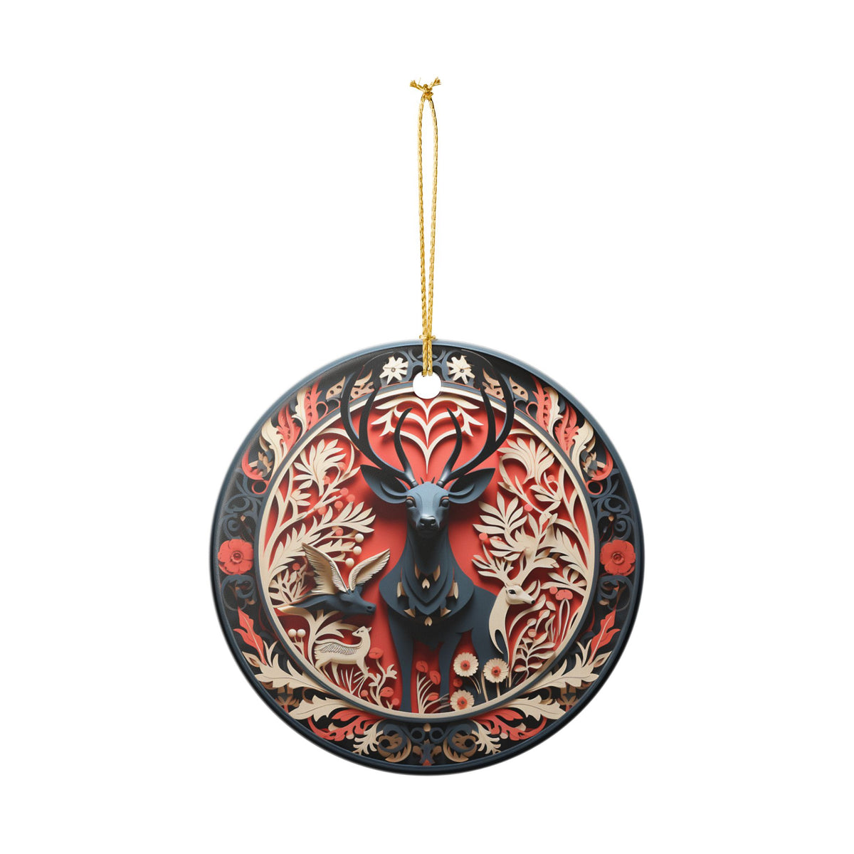 Ceramic Ornament – Nordic Reindeer and Botanical Christmas Tree Decoration    Item #968933