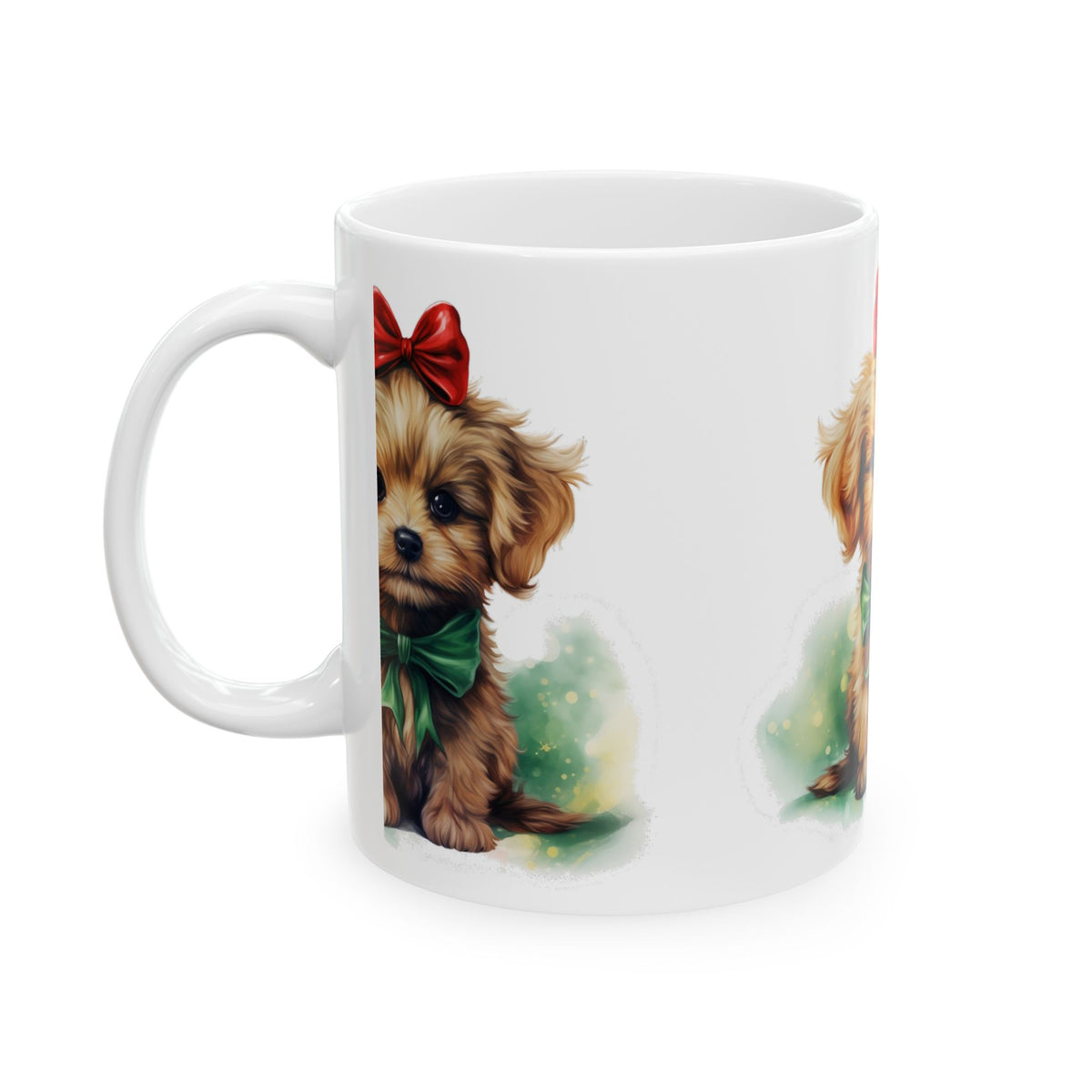 Cute Puppy Christmas Mug — Adorable Yorkie with Red Bow & Green Ribbon 11oz   Item #901071