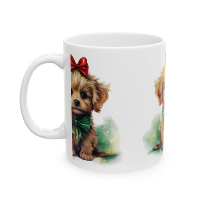 Cute Puppy Christmas Mug — Adorable Yorkie with Red Bow & Green Ribbon 11oz   Item #901071