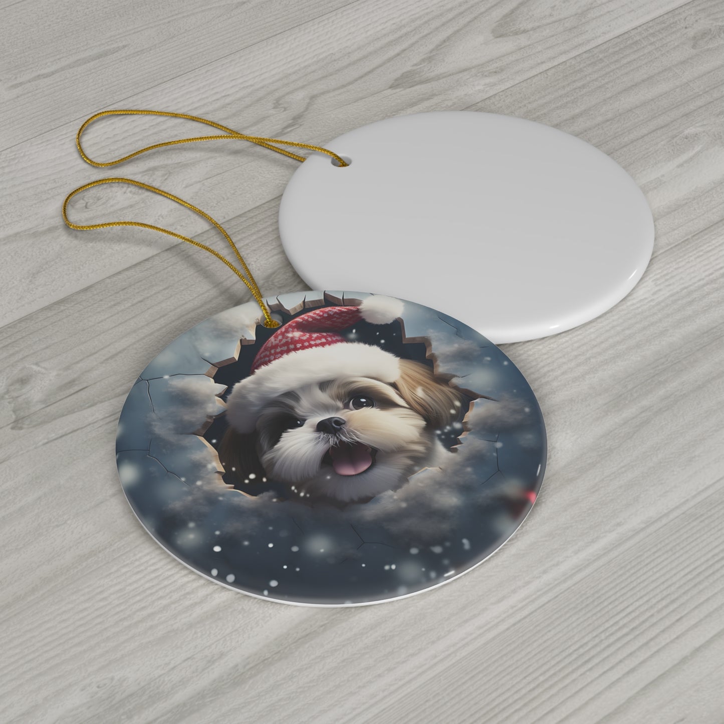 3D Dog With Santa Hat Breaking Out Ceramic Disc Ornament              Item #387006