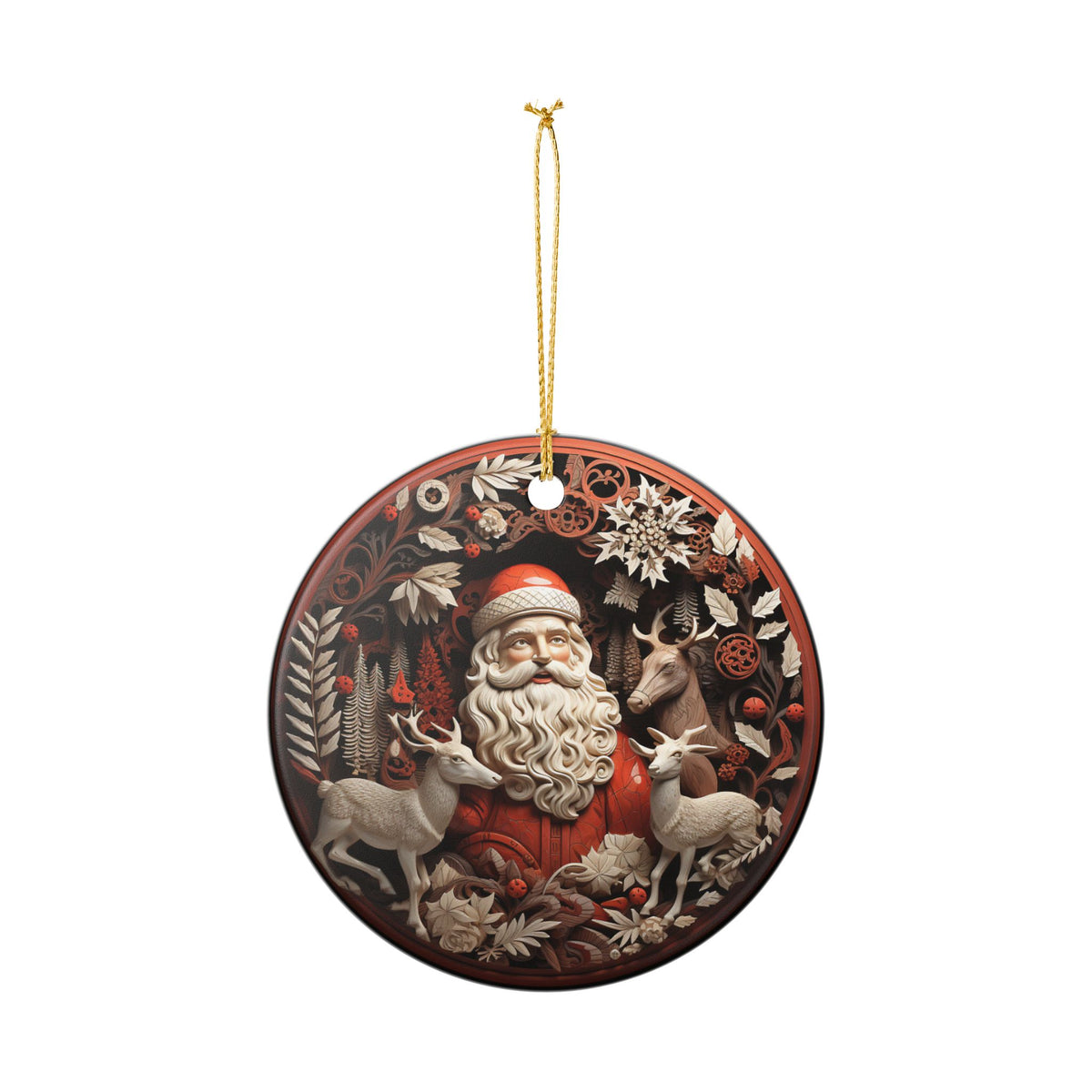 Vintage Santa and Reindeer Christmas Ceramic Ornament   Item #864295