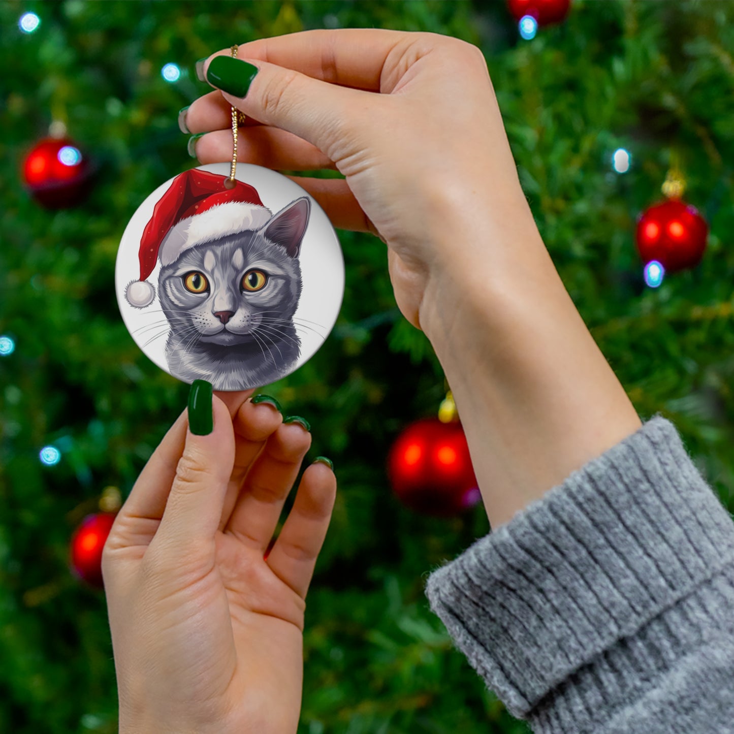 Russian Blue Cat With Santa Hat Ceramic Ornament     Item #1908652