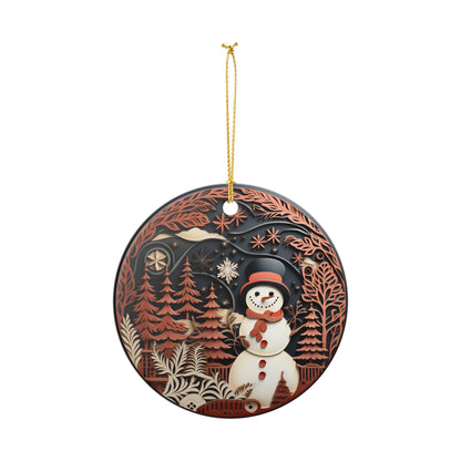 Ceramic Christmas Ornament with Snowman Winter Forest Design   Item #3133