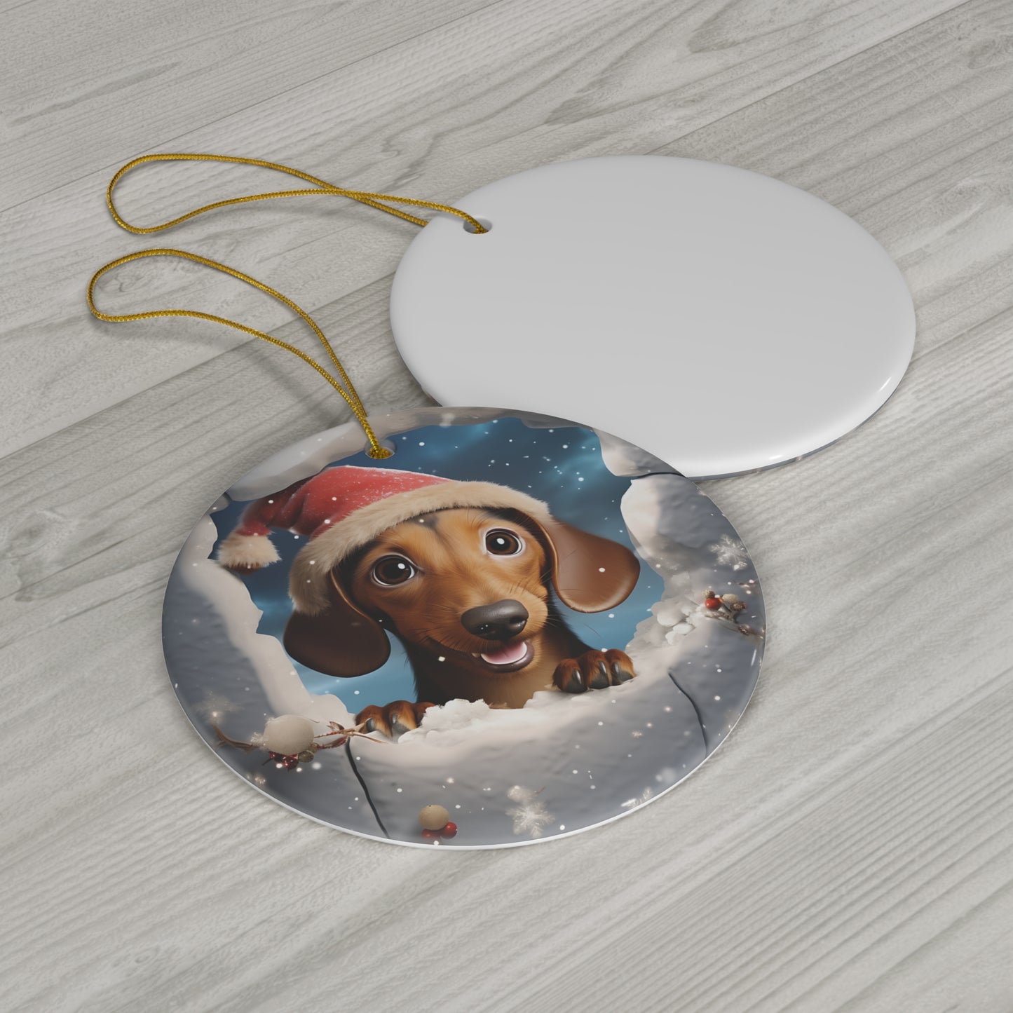 3D Dog With Santa Hat Breaking Out Ceramic Disc Ornament          Item #1628427