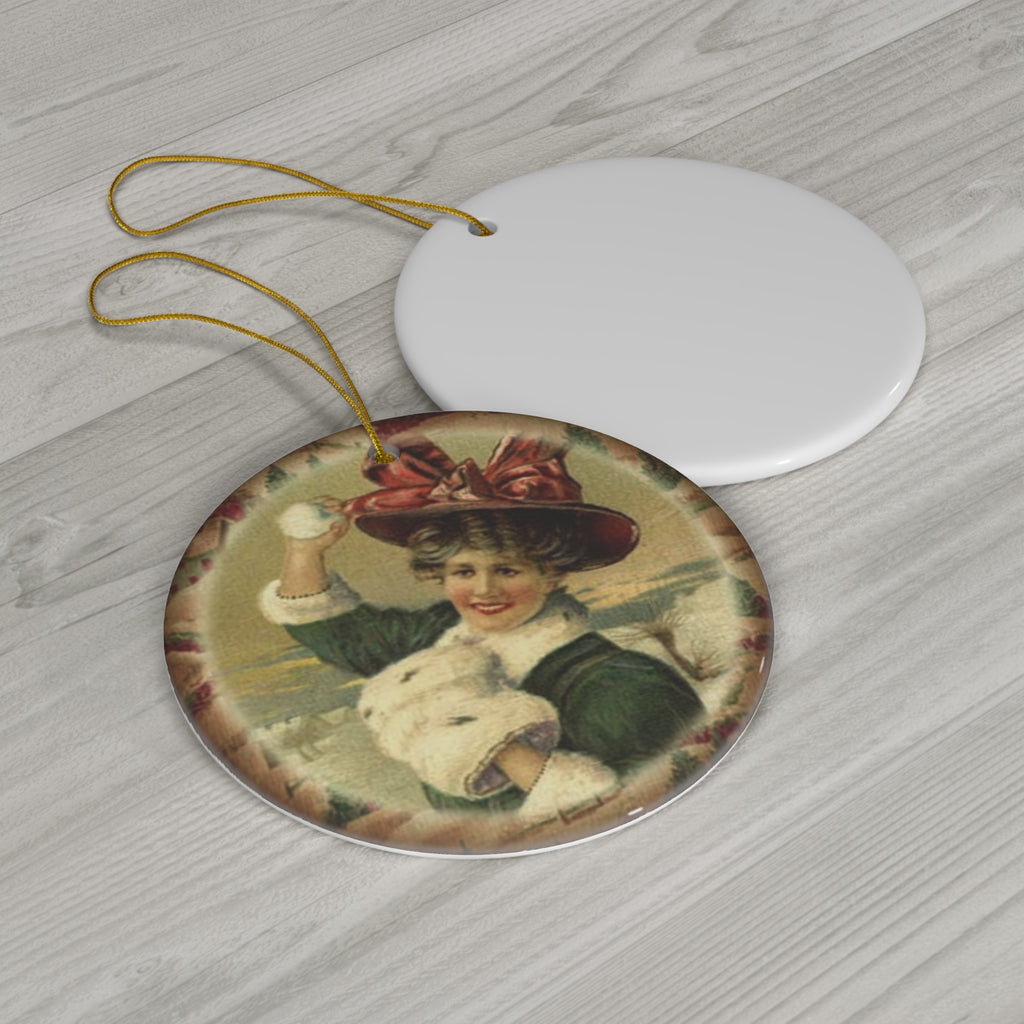 Woman With Snowball Ceramic Disc Ornament        Item #488508 - Buckshot's Bargain Barn