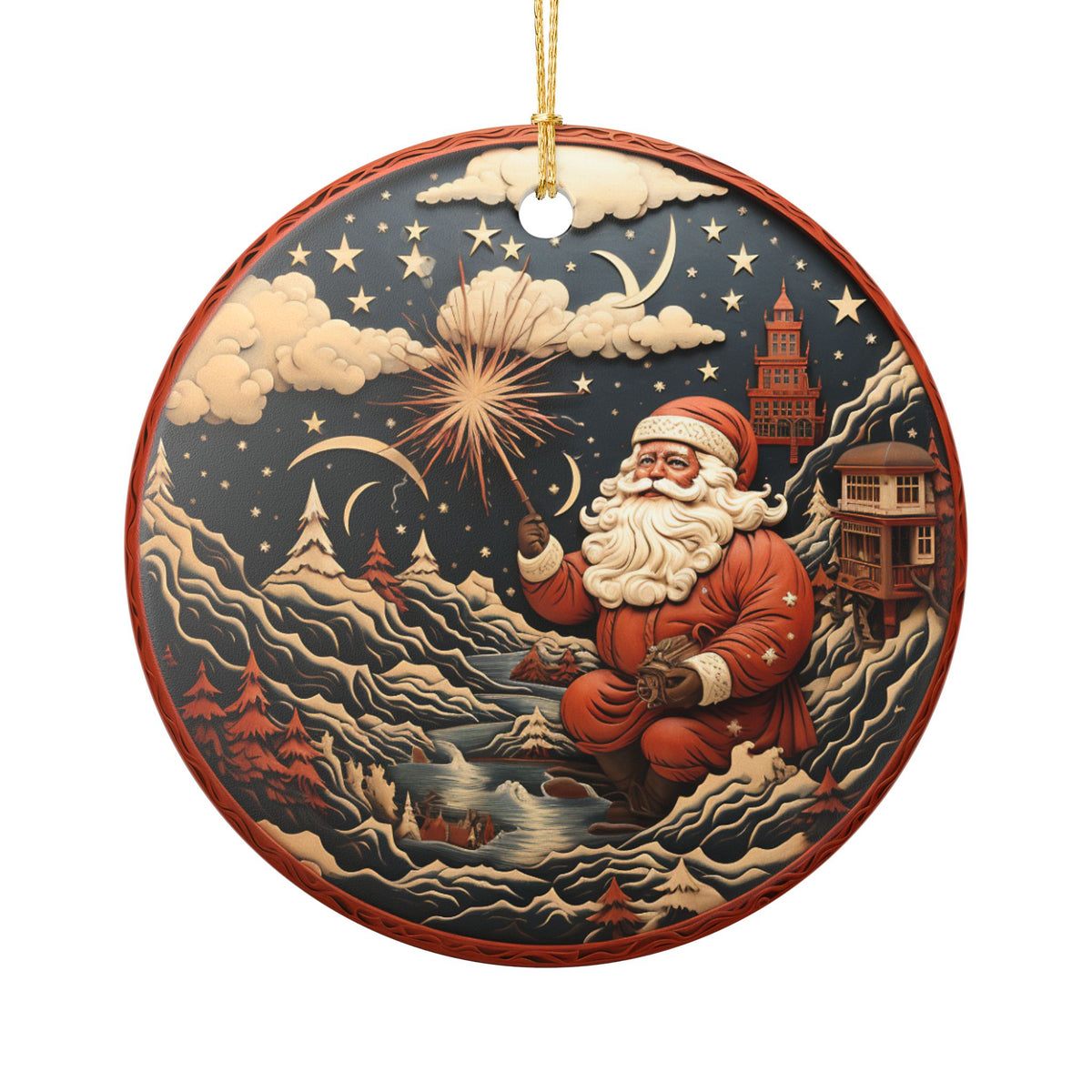 Ceramic Christmas Ornament with Santa in Winter Wonderland    Item #613384