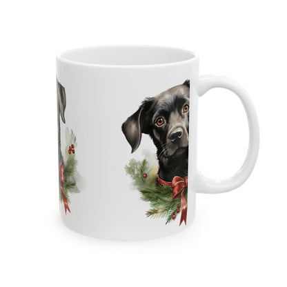Black Lab Christmas Mug — Holiday Dog Wreath Ceramic Coffee Cup 11oz   Item #741427