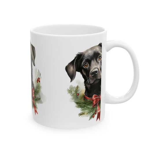 Black Lab Christmas Mug — Holiday Dog Wreath Ceramic Coffee Cup 11oz   Item #741427