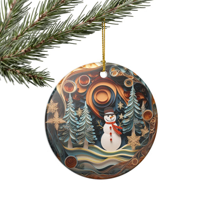 Ceramic Christmas Ornament with Snowman and Winter Forest Design   Item #441402