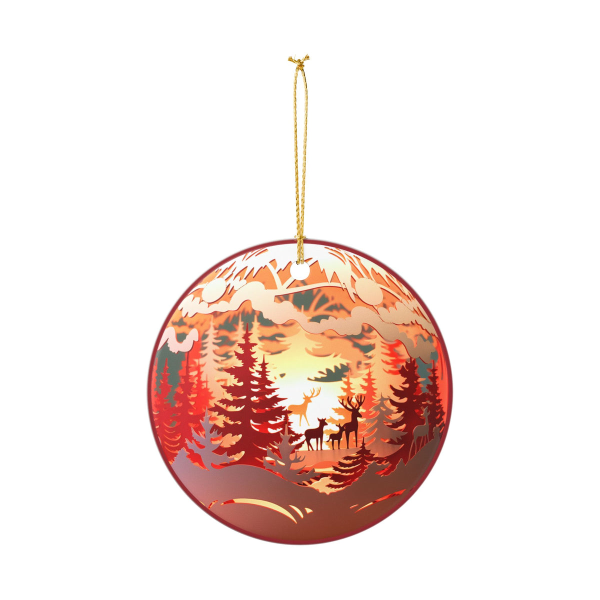Ceramic Christmas Ornament – Rustic Woodland Deer Forest Scene   Item #783675