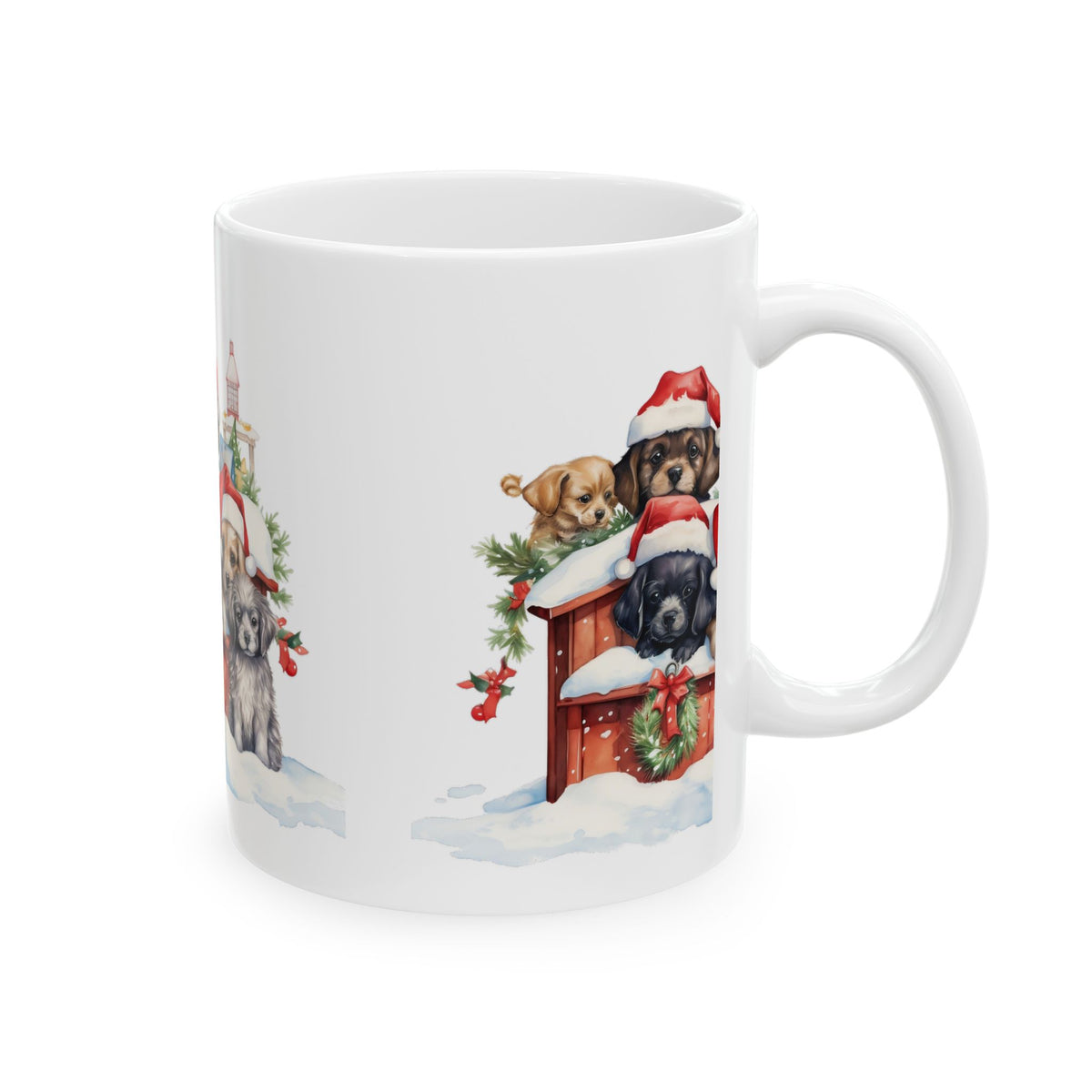 Christmas Puppies Ceramic Mug — Cute Dogs in Santa Hats 11oz  Item #863752