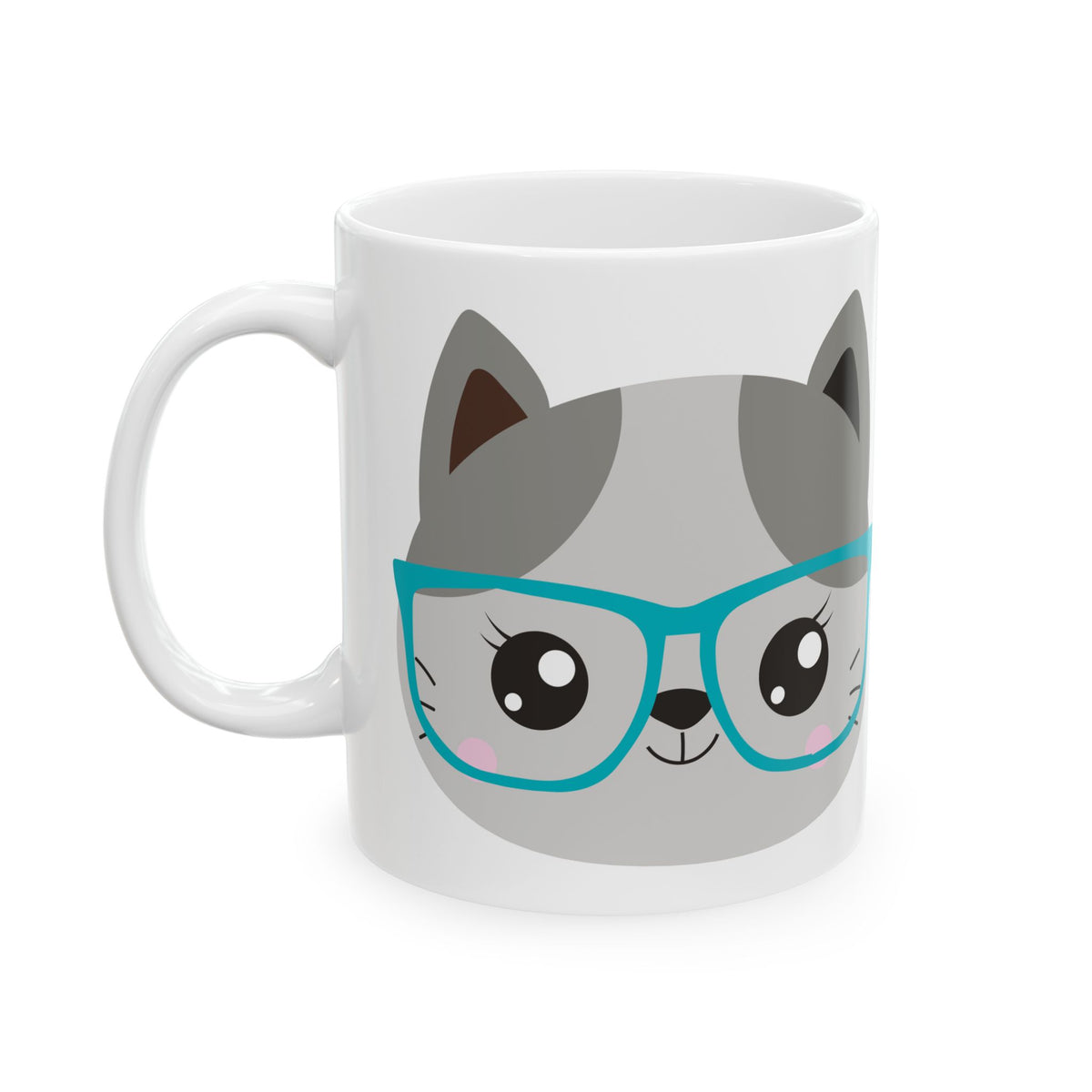 Cute Cat Mug with Teal Glasses — Kawaii Animal Ceramic Coffee Cup 11oz   Item #113