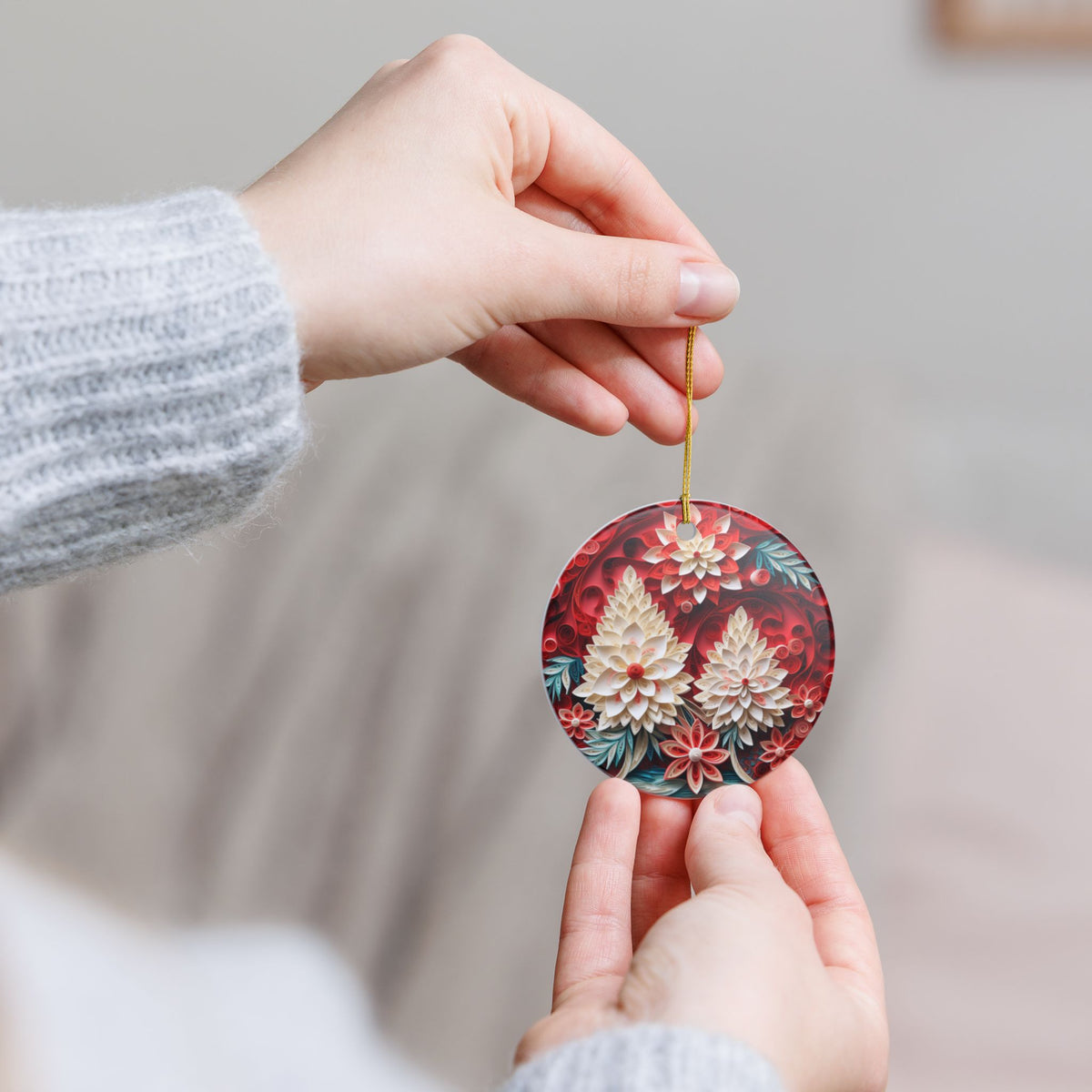 Floral Ceramic Ornament – Red and White Botanical Holiday Décor   Item #26187