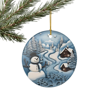 Ceramic Christmas Ornament – Snowy Winter Wonderland with Snowman and Cabins    Item #849978