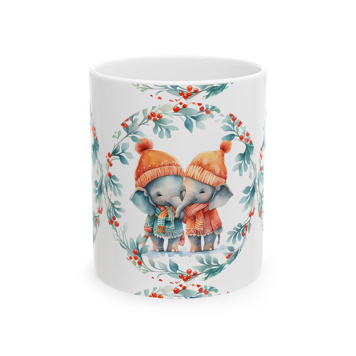Elephant Friends Holiday Mug – Cute Winter Elephants in Knit Hats 11oz   Item #403381