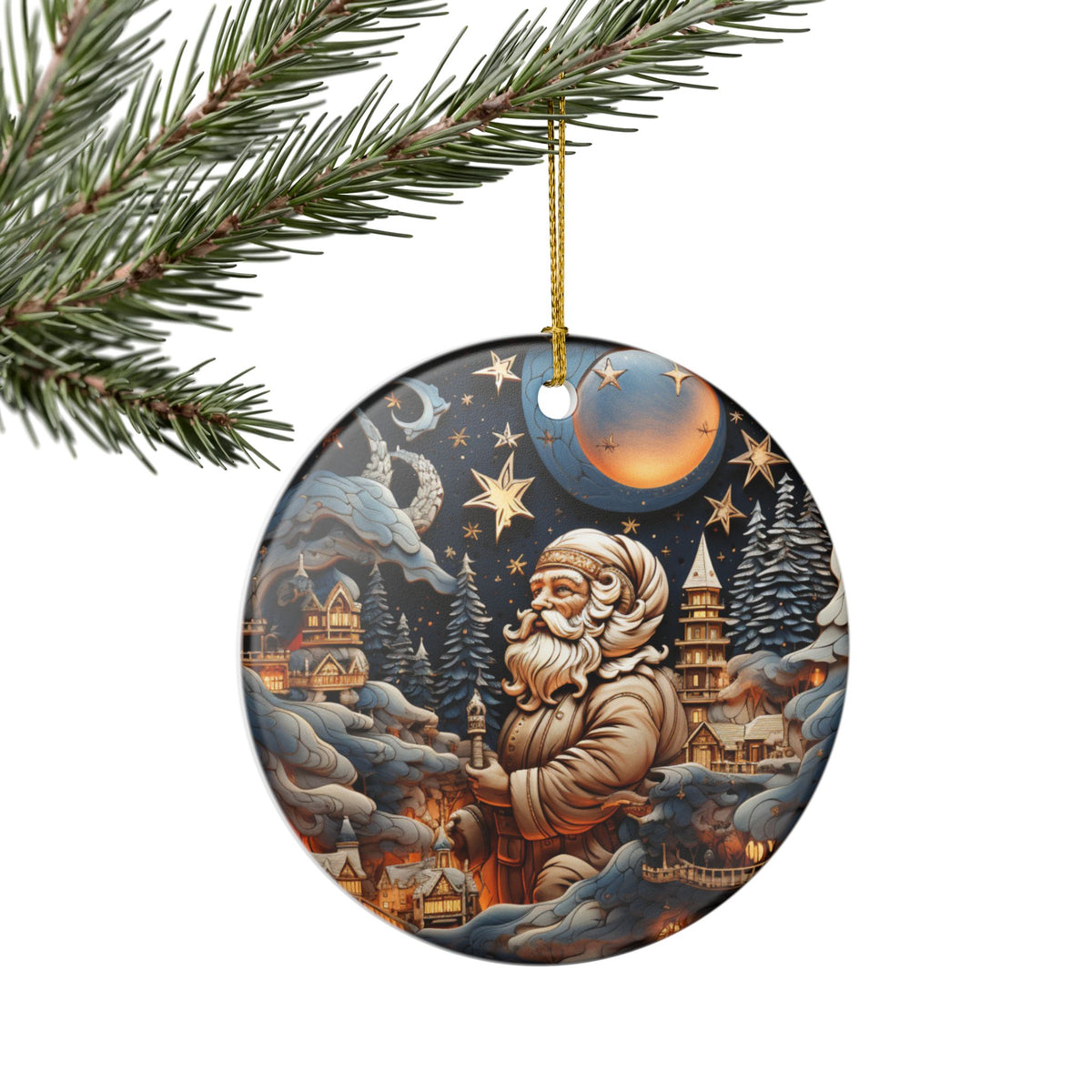 Santa Moonlit Winter Village Ceramic Christmas Ornament    Item #49163