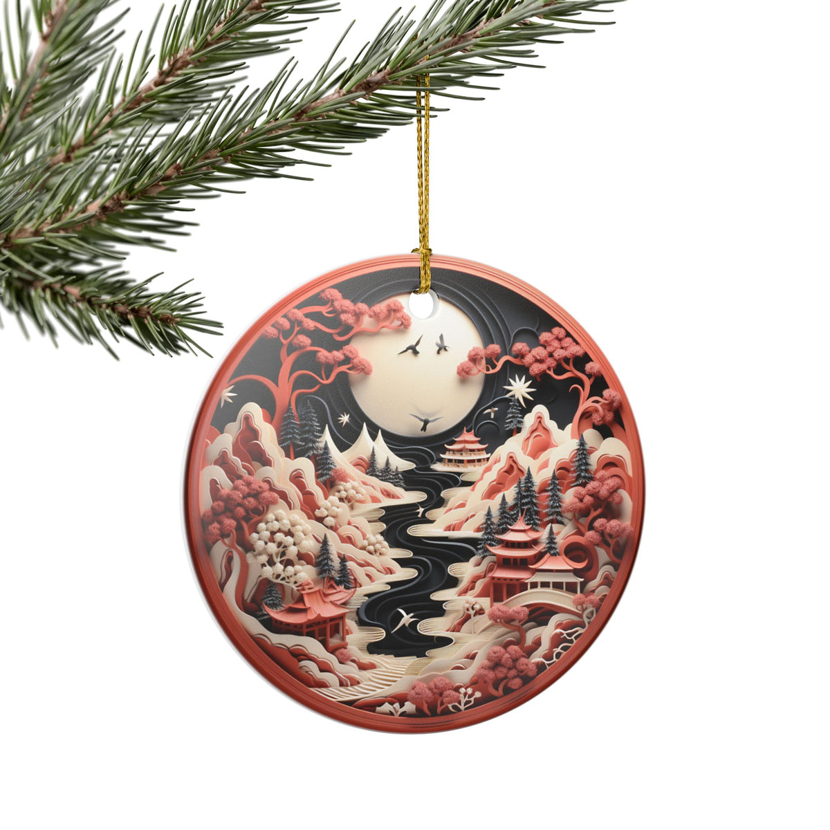Japanese Moonlit Mountain Landscape Ceramic Ornament    Item #956651