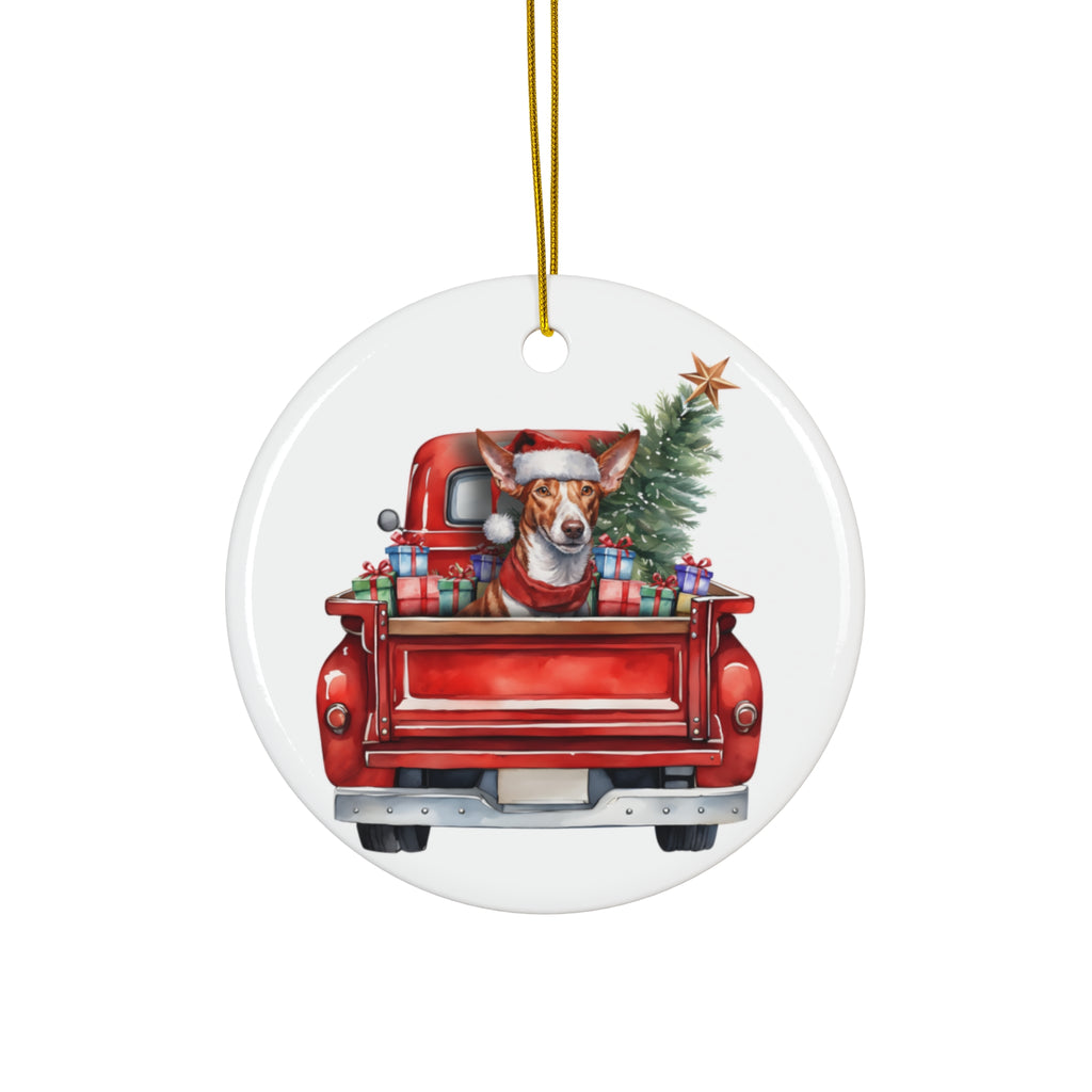 Ceramic Ornament - Ibizan Hound Christmas Dog In Red Truck       Item #8636916 - Buckshot's Bargain Barn