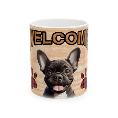 Welcome Dog Illustration Ceramic Mug – Cute Paw Print Coffee Cup 11oz    Item #585211