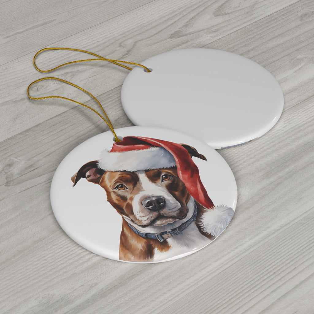 Stafford Bull Terrier Dog With Santa Hat Ceramic Disc Ornament       Item #7128648