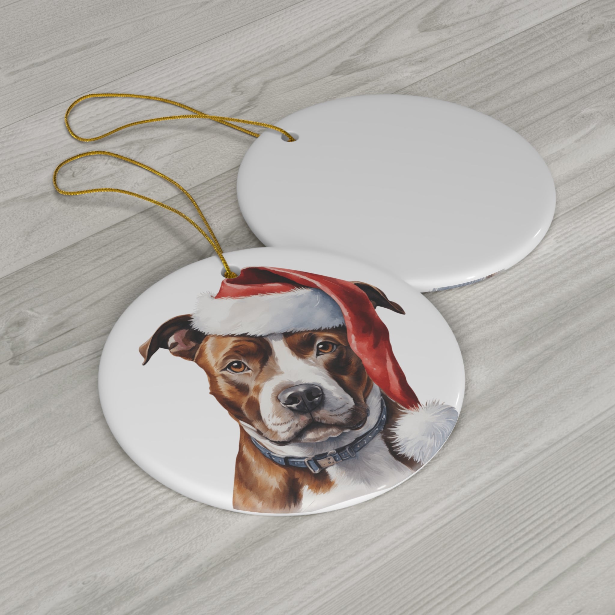 Stafford Bull Terrier Dog With Santa Hat Ceramic Disc Ornament       Item #7128648