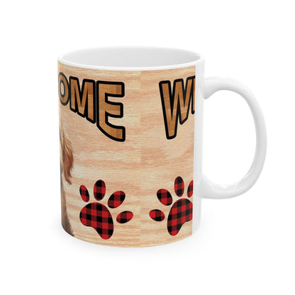 Welcome Puppy Ceramic Mug — Cute Dog Paw Plaid 11oz    Item #973326