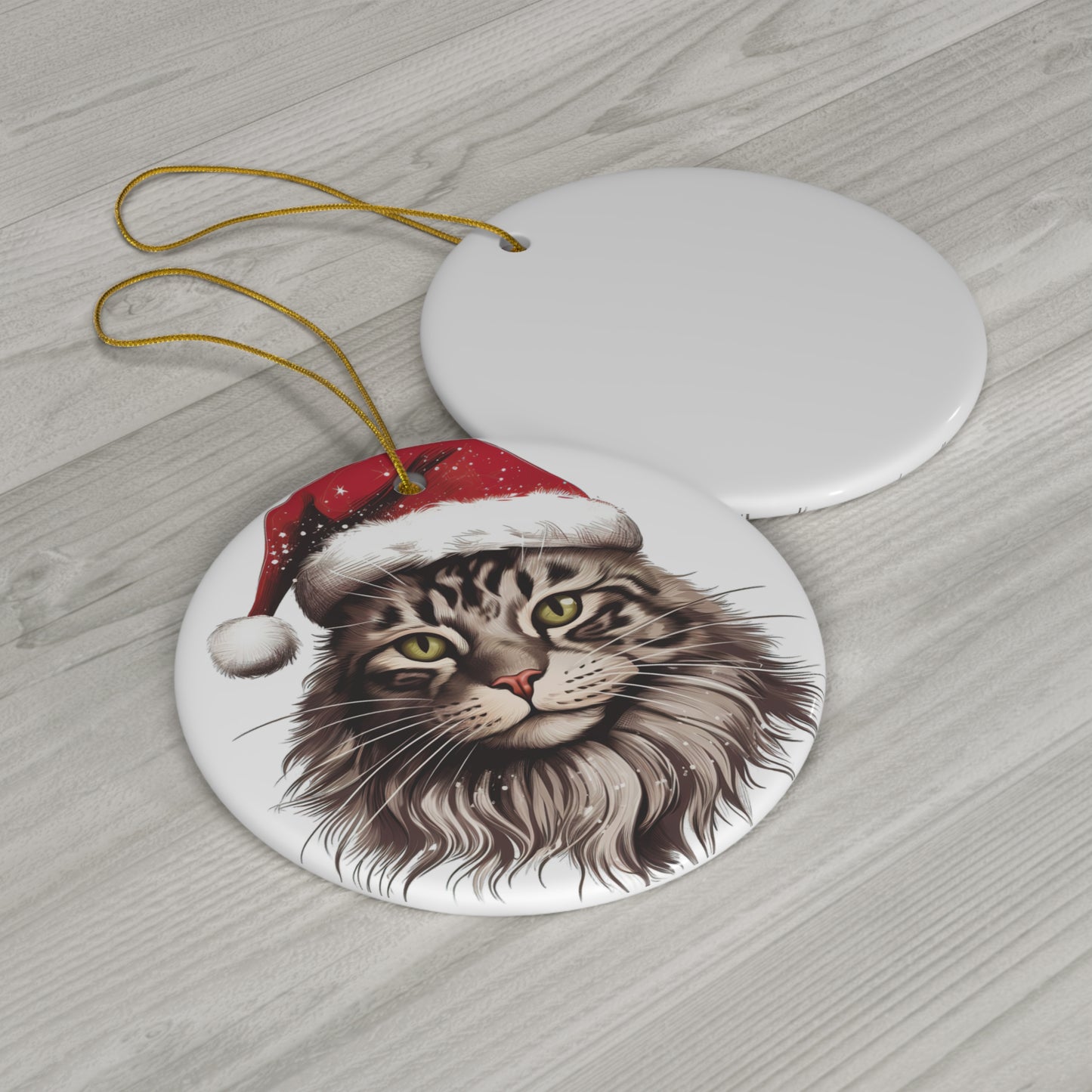 Maine Coon Cat With Santa Hat Ceramic Ornament      Item #82703