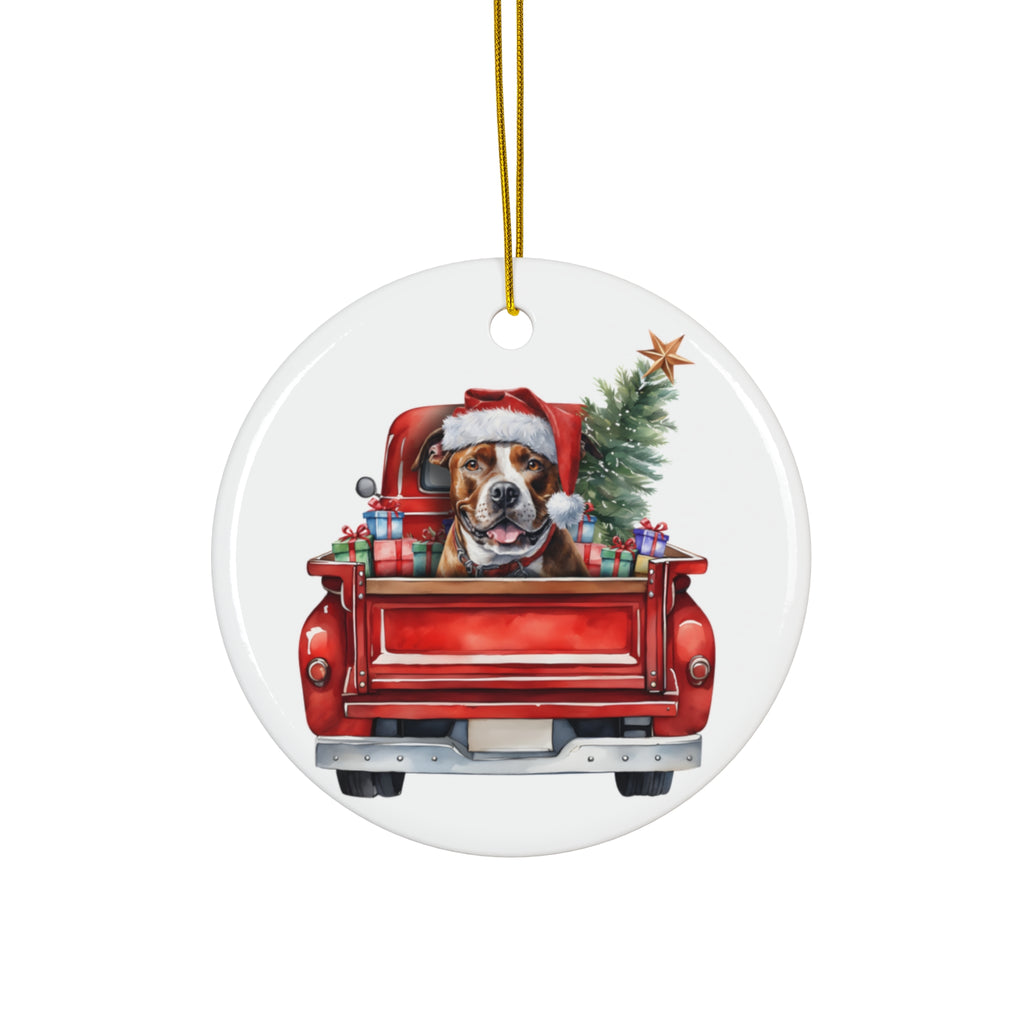 Staffordshire Bull Terrier Christmas Dog In Red Truck Ceramic Disc Ornament         Item #5045899