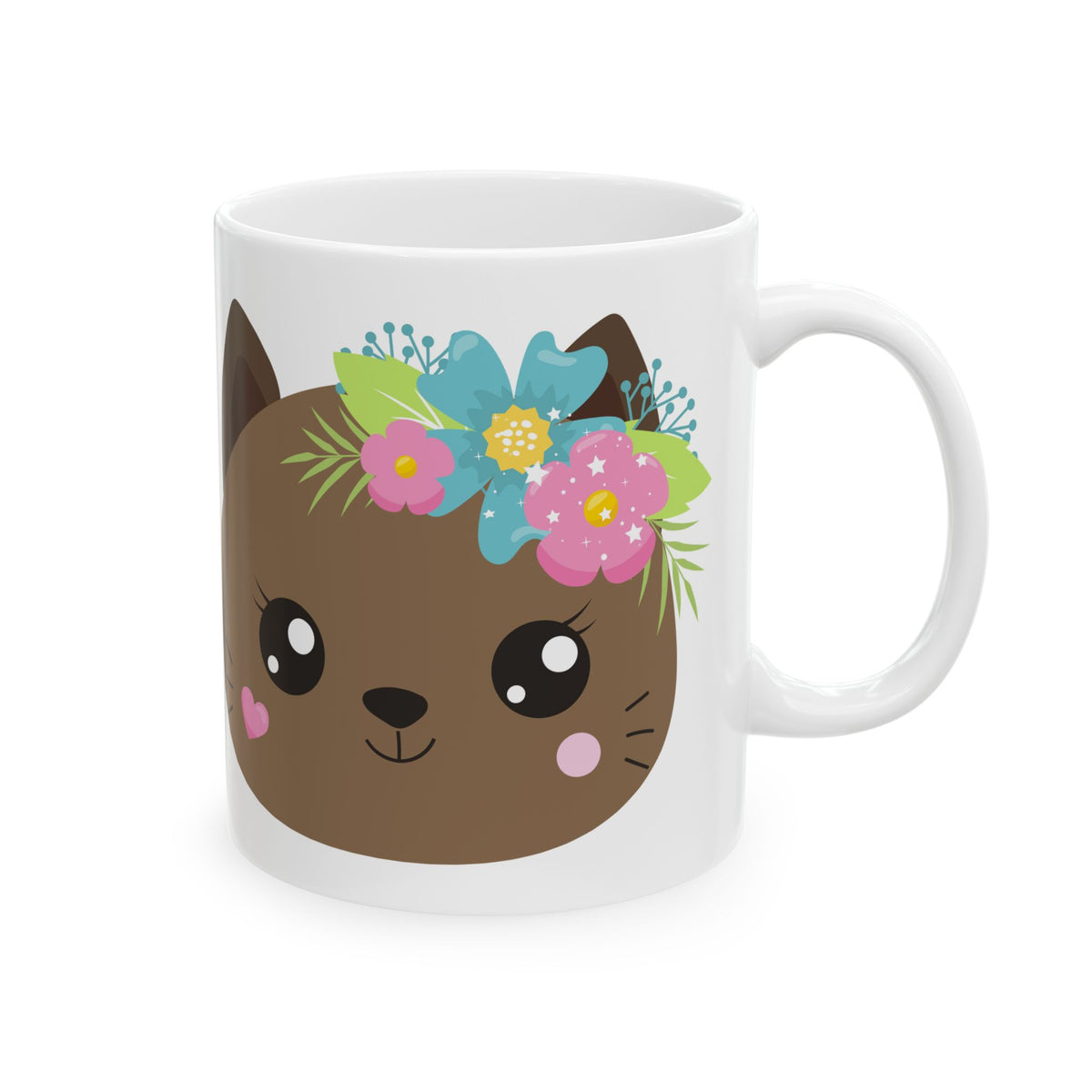 Cute Floral Cat Face Mug — Adorable Kawaii Coffee Cup 11oz    Item #149524