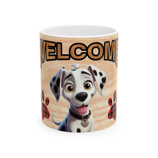 Welcome Dog Illustration Ceramic Mug – Cute Paw Print Coffee Cup 11oz    Item #286031
