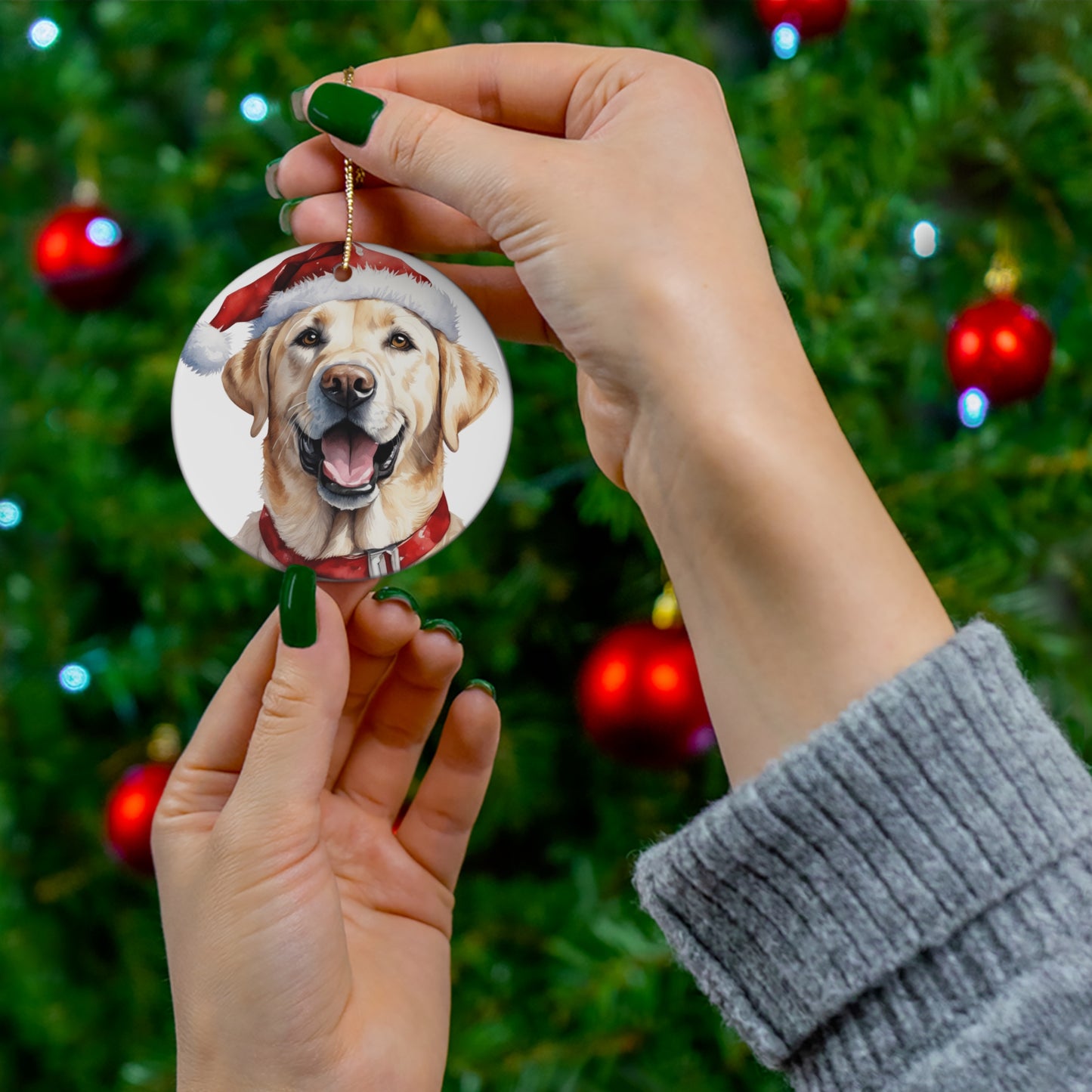 Ceramic Ornament - Labrador Retriever With Santa Hat      Item #3687549