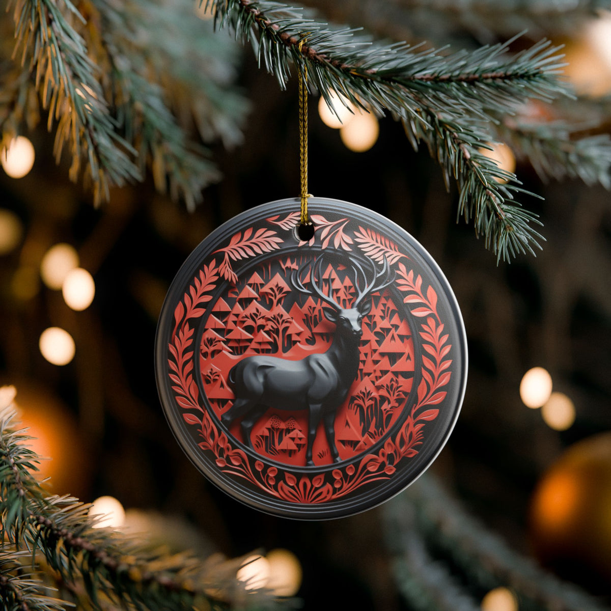Ceramic Reindeer Forest Ornament – Rustic Christmas Tree Decoration   Item #76427