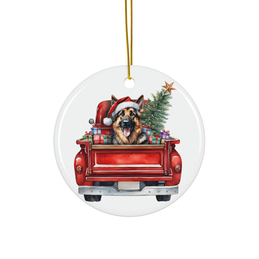 Ceramic Ornament - German Shepherd Christmas Dog In Red Truck       Item #7593265