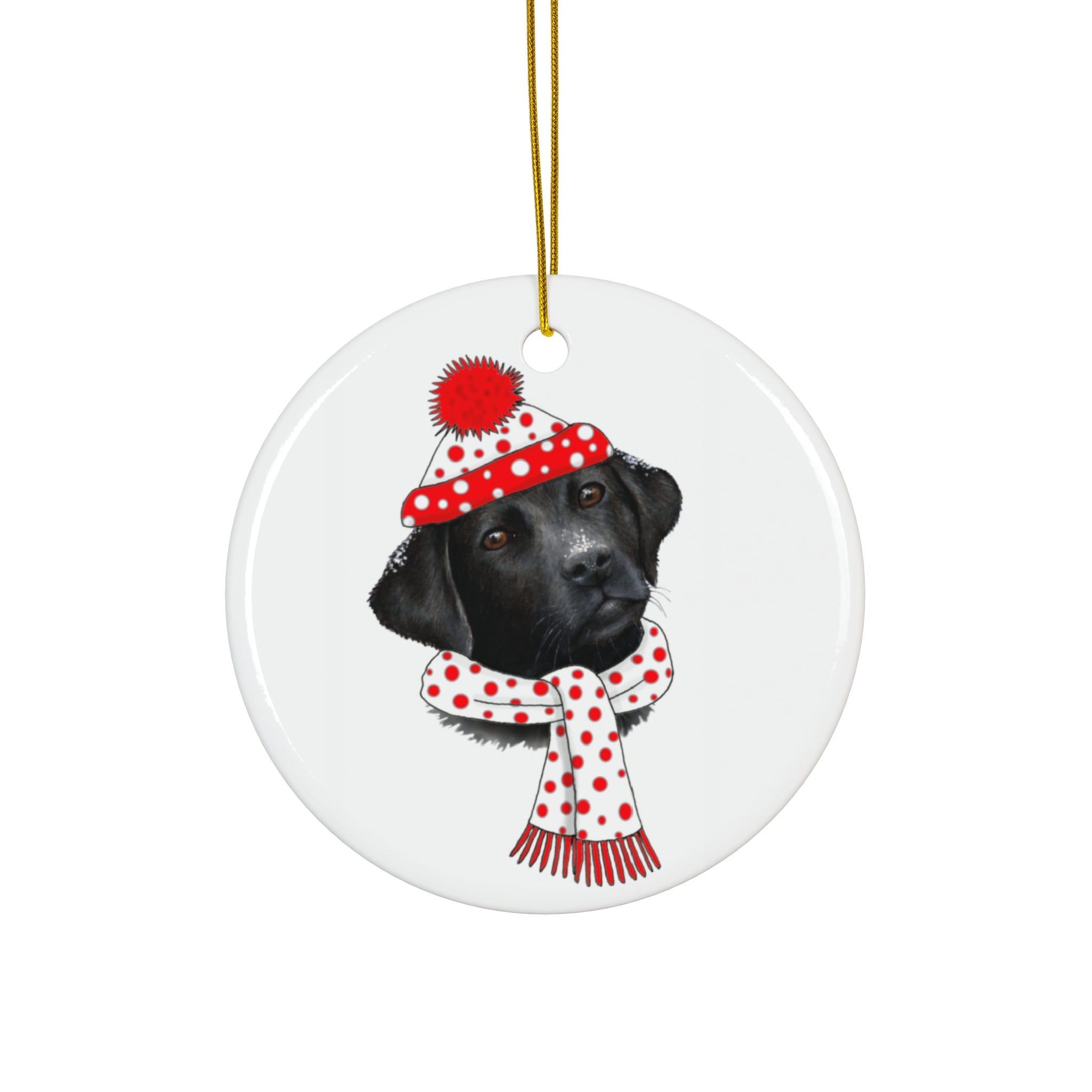 Lab In White With Red Dots Winter Gear Ceramic Disc Ornament           Item #929575