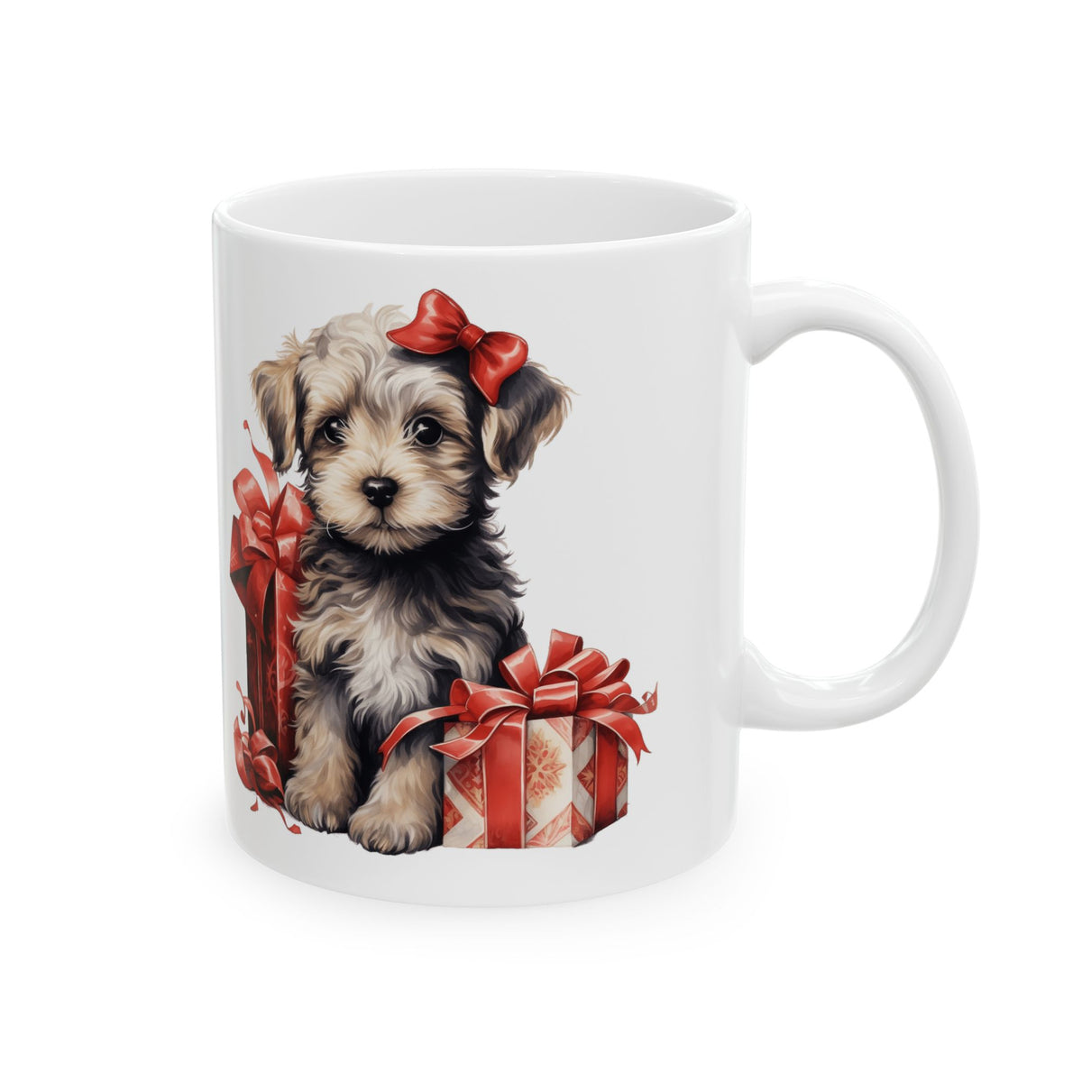 Festive Puppy With Presents Red Ribbons Christmas Ceramic Mug 11oz  Item #826665