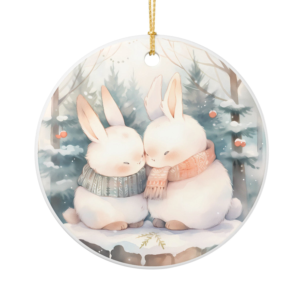 Ceramic Ornament with Cozy Winter Bunny Couple Design   Item #208416