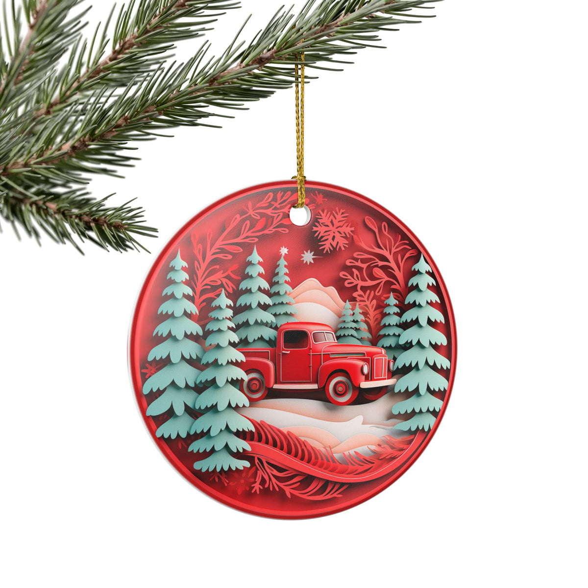 Ceramic Christmas Ornament with Red Vintage Truck and Winter Forest Design   Item #416355